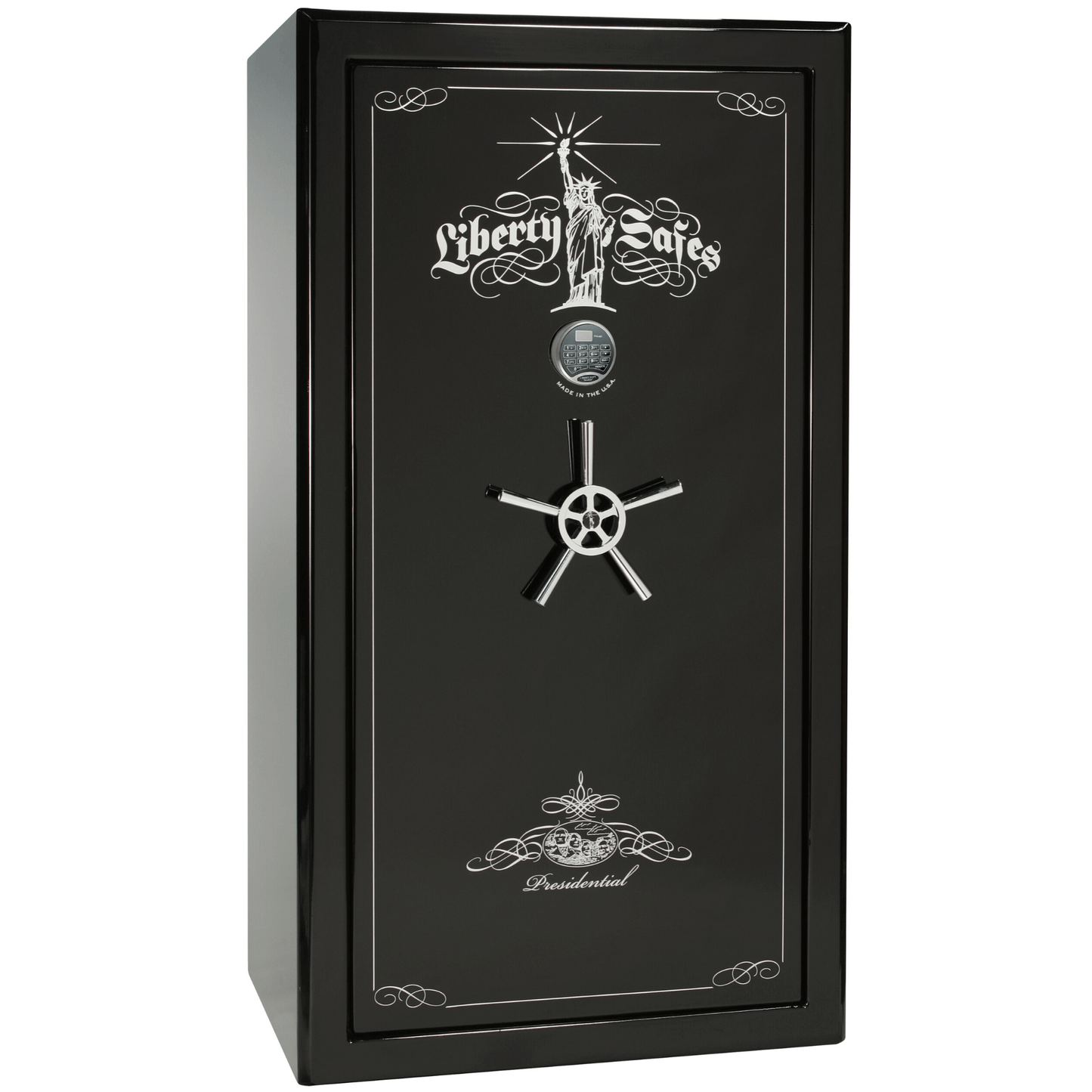 Presidential Series | Level 8 Security | 2.5 Hours Fire Protection | 40 | Dimensions: 66.5"(H) x 36.25"(W) x 32"(D) | Black Gloss | Chrome Hardware | Electronic Lock