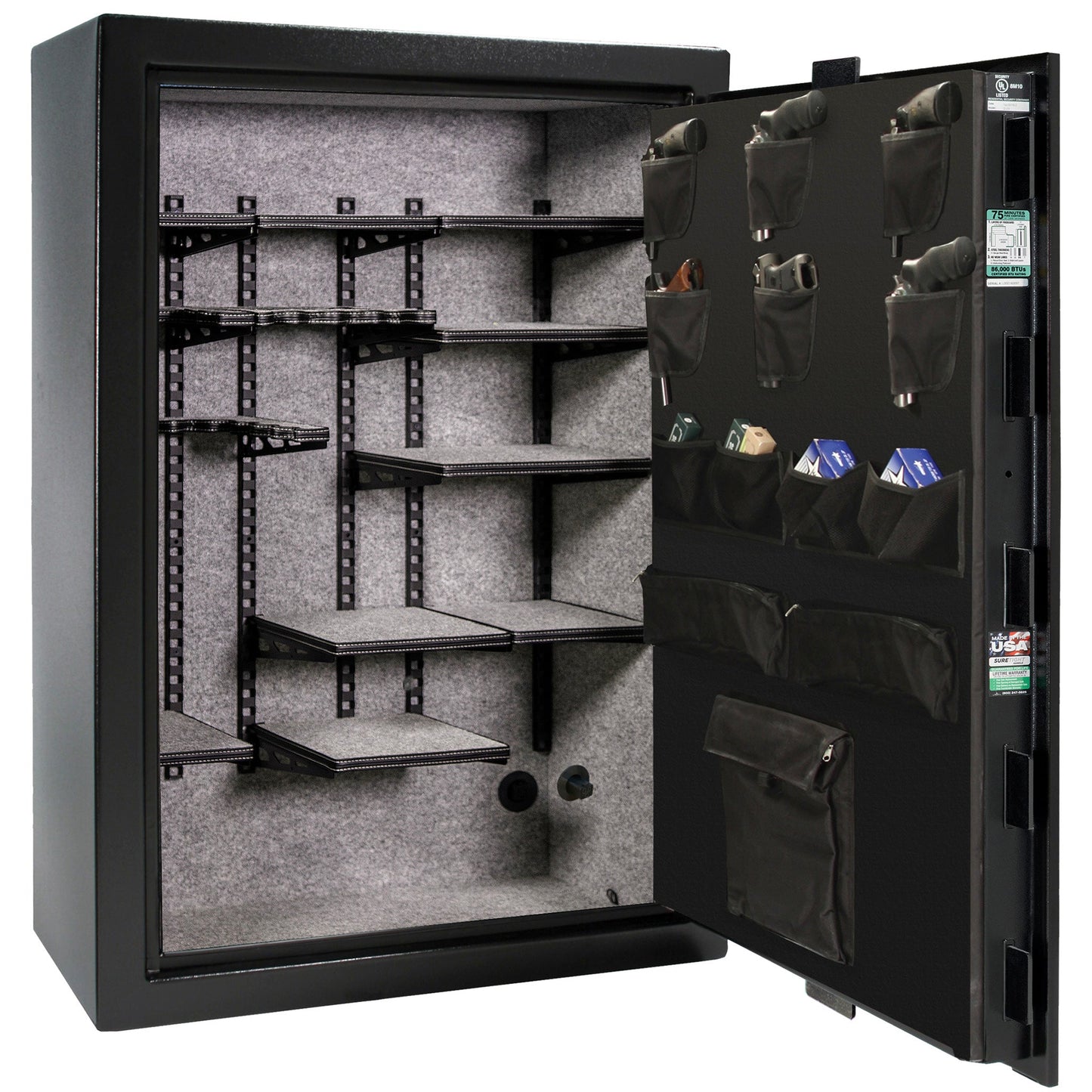 Colonial 35 | Pro Flex Interior | Level 4 Security | 75 Minute Fire Protection | Dimensions: 60.5"(H) x 42"(W) x 22"(D) | Up to 45 Long Guns | Black Textured | Electronic Lock – Open